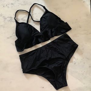 Small Ruffle Trim Bikini Top&High Waist Bottom